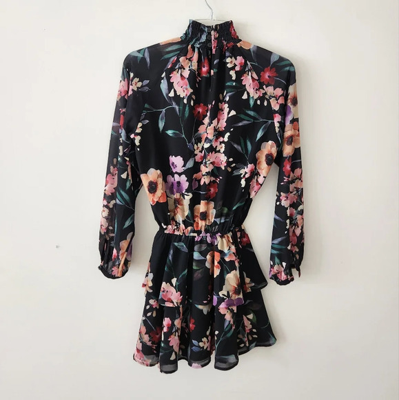 Yumi Kim Class Act Long Sleeve Floral Mock Neck Ruffle Mini Dress Black XS NWT - Picture 9 of 15